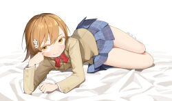 Rule 34 | 1girl, absurdres, bed sheet, blush, bow, breasts, brown eyes, brown hair, brown jacket, collared shirt, colored eyelashes, dated, feet out of frame, female focus, full body, hair ornament, hairclip, hand on own cheek, hand on own face, highres, jacket, leaning forward, legs, long sleeves, looking at viewer, lying, miniskirt, misaka mikoto, on bed, on side, pleated skirt, pov, red bow, school uniform, shirt, short hair, skirt, small breasts, smile, solo, thighs, toaru kagaku no railgun, toaru majutsu no index, tokiwadai school uniform, white background, white shirt, wide hips, winter uniform, yazato ichimushi
