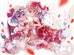 Rule 34 | 2girls, barefoot, bat wings, blonde hair, bubble, crystal, dress, dutch angle, eye contact, flandre scarlet, flower, frills, full body, holding hands, hat, hat ribbon, highres, kuromomo, light purple hair, looking at another, mob cap, multiple girls, petals, profile, puffy sleeves, red eyes, remilia scarlet, ribbon, rose, sash, short hair, short sleeves, siblings, side ponytail, sisters, smile, socks, string, touhou, underwater, white legwear, wings