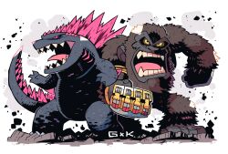 Rule 34 | absurdres, animal, ape, b.e.a.s.t. glove, bioluminescence, claws, crossover, dinosaur, elbow spikes, electroshock weapon, fangs, gauntlets, giant, giant monster, gills, glowing, godzilla, godzilla (series), godzilla evolved, godzilla x kong: the new empire, gorilla, highres, jaw, kaijuu, king kong, king kong (series), legendary pictures, long tail, mixed-language commentary, monster, monsterverse, muscular, no humans, open mouth, oversized animal, rariatto (ganguri), reptile, reptilian, scales, sharp teeth, spiked tail, spines, tail, teeth, toho, weapon