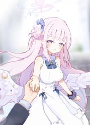 Rule 34 | 1girl, angel wings, artist request, bare shoulders, blue archive, blue bow, bow, crescent, dress, feathered wings, flower, hair flower, hair ornament, halo, highres, holding hands, long hair, mika (blue archive), no cape, pink hair, pov, resolution mismatch, solo, source larger, white dress, wings, yellow eyes