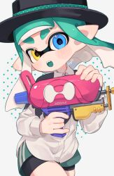 Rule 34 | black hat, blue eyes, green hair, hat, heterochromia, highres, holding, holding weapon, inkling, inkling girl, inkling player character, long hair, long sleeves, nintendo, open mouth, pointy ears, sahata saba, shirt, simple background, splatoon (series), splatoon 3, splattershot (splatoon), standing, super soaker, tentacle hair, weapon, white background, white shirt, yellow eyes