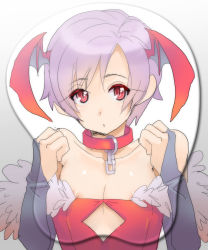 Rule 34 | 1girl, :o, areola slip, bad id, bad pixiv id, bare shoulders, breast mousepad, bridal gauntlets, capcom, cleavage cutout, clothing cutout, collar, head wings, leotard, light purple hair, lilith aensland, mousepad, mousepad (medium), otogi yuugi, purple hair, red eyes, red leotard, short hair, slit pupils, solo, vampire (game), wings