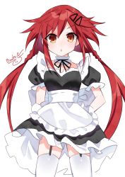 Rule 34 | apron, binato lulu, braid, breasts, collar, confused, dress, embarrassed, flustered, highres, leggings, long hair, maid, medium breasts, mega miracle force, neptune (series), open mouth, orange eyes, red hair, ribbon, skirt, surprised, tennouboshi uzume, thighhighs, thighs, twintails, uniform