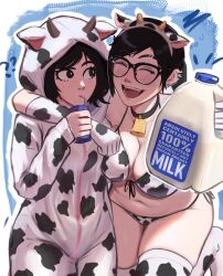 Rule 34 | 2girls, ?, ??, ^ ^, animal costume, animal ears, animal print, arm around neck, bell, belly, bikini, black-framed eyewear, black eyes, black hair, blush, bottle, breast press, breasts, cleavage, closed eyes, confused, cow costume, cow ears, cow girl, cow hood, cow horns, cow print, cow print bikini, cow print thighhighs, cowbell, drinking straw, drinking straw in mouth, drunk, elbow gloves, excited, freckles, glasses, gloves, happy, highres, holding, holding bottle, horns, hug, implied breast milk, large breasts, looking at another, milk, milk bottle, milk carton, multiple girls, navel, open mouth, original, plastic bottle, plump, print bikini, print thighhighs, rosen (veyonis), saliva, saliva trail, sexually suggestive, simple background, swimsuit, thick thighs, thighhighs, thighs, tomboy, veyonis, yuna (veyonis)