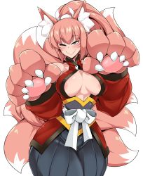 Rule 34 | 1girl, :&gt;, animal ear fluff, animal ears, animal hands, areola slip, bare shoulders, blush, breasts, claws, commission, facial mark, fox ears, fox girl, fox tail, high ponytail, highres, japanese clothes, kimono, large breasts, long hair, mon-musu quest!, monster girl, multiple tails, one eye closed, oversized limbs, pink hair, red eyes, red kimono, second-party source, smile, solo, tail, virusotaku, whisker markings, yao (mon-musu quest!), yin yang
