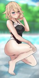 Rule 34 | 1girl, absurdres, aiuti, barefoot, black one-piece swimsuit, blonde hair, blue eyes, blurry, braid, braided bangs, commentary request, competition swimsuit, day, depth of field, fence, full body, g36 (girls&#039; frontline), g36 (mod3) (girls&#039; frontline), girls&#039; frontline, highres, looking at viewer, mod3 (girls&#039; frontline), one-piece swimsuit, outdoors, pool, short hair, solo, squatting, swimsuit