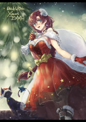 Rule 34 | 1girl, akatsuki no kiseki, alternate costume, bare shoulders, bell, black pantyhose, blue eyes, boots, bow, box, braid, breasts, carrying over shoulder, cat, celine (eiyuu densetsu), character name, choker, christmas, christmas tree, cleavage, collar, collarbone, cowboy shot, crescent, crescent hair ornament, dress, earrings, eiyuu densetsu, emma millstein, falcom, fur-trimmed boots, fur-trimmed dress, fur-trimmed gloves, fur trim, gift, gift bag, gift box, glasses, gloves, green eyes, hair bow, hair ornament, hands together, hat, irise ryouji, jewelry, leather, leather boots, letterboxed, long hair, medium breasts, neck bell, night, off-shoulder dress, off shoulder, open mouth, outdoors, pantyhose, purple hair, red dress, red gloves, santa dress, santa hat, sen no kiseki, simple background, sleeveless, sleeveless dress, smile, snow, star (symbol), star hair ornament, tail, tail bow, tail ornament, white background