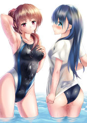 Rule 34 | 2girls, armpits, ass, blue hair, blush, breasts, brown hair, competition swimsuit, covered erect nipples, green eyes, hand on own chest, highres, long hair, multiple girls, one-piece swimsuit, original, ponytail, red eyes, shirt, swimsuit, swimsuit under clothes, toumin, wading, wet, wet clothes, wet shirt, wet shirt