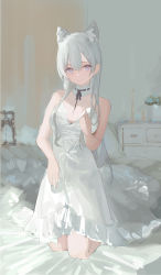 Rule 34 | 1girl, absurdres, bare arms, bare shoulders, bed sheet, black dress, blue eyes, breasts, cleavage, closed mouth, detached collar, dress, frilled dress, frills, grey hair, hair ears, highres, kneeling, large breasts, long hair, looking at viewer, nekojira, original, sleeveless, sleeveless dress, smile, solo, spaghetti strap, thea (nekojira)