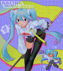 Rule 34 | !, !!, 1girl, 2022, bent over, black bodysuit, black footwear, blue eyes, blue hair, bodysuit, boots, checkered flag, chibi, chibi inset, commentary, flag, goodsmile racing, grey jacket, hatsune miku, highres, holding, holding flag, jacket, long hair, looking at viewer, official alternate costume, on (o obop), open mouth, racing miku, racing miku (2022), single thigh boot, solo focus, symbol-only commentary, thigh boots, very long hair, vocaloid