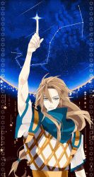 Rule 34 | 1boy, arm up, armor, blue scarf, chiron (fate), constellation, curtained hair, fate/apocrypha, fate/grand order, fate (series), green eyes, hexagram, highres, index finger raised, long hair, looking at viewer, low-tied long hair, male focus, parted lips, scarf, scorpio (zodiac), scorpius (constellation), shio (soleil), short sleeves, sky, smile, solo, star (sky), star (symbol), starry sky, straight-on, tunic, upper body, white tunic, zodiac