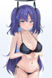 Rule 34 | 1girl, absurdres, bikini, black bikini, blue archive, blue eyes, blush, breasts, cleavage, closed mouth, collarbone, commentary, cowboy shot, groin, hair between eyes, halo, highres, long hair, looking at viewer, na (estrn), navel, purple hair, side-tie bikini bottom, simple background, solo, swimsuit, two side up, white background, yuuka (blue archive)