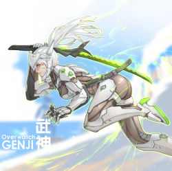 Rule 34 | 1girl, alternate hair color, arm up, armor, ass, between fingers, blurry, bodysuit, breasts, character name, closed mouth, copyright name, cyborg, depth of field, facepaint, from side, genderswap, genderswap (mtf), genji (overwatch), glowing, glowing sword, glowing weapon, green eyes, headgear, highres, holding, holding sword, holding weapon, katana, large breasts, long hair, looking at viewer, mizu (dl7613), no pupils, outline, overwatch, overwatch 1, ponytail, profile, scabbard, sheath, shuriken, solo, sword, unsheathed, weapon, white hair