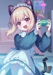 Rule 34 | 1girl, animal ear headphones, animal ears, apron, black dress, blonde hair, blue archive, blush, cat tail, checkered floor, controller, dress, fake animal ears, feet out of frame, frilled apron, frilled dress, frills, game controller, halo, headphones, highres, holding, holding controller, holding game controller, indoors, maid, maid headdress, momoi (blue archive), momoi (maid) (blue archive), official alternate costume, open mouth, pantyhose, pink halo, playing games, red eyes, revision, shinori (efvbji6264), short hair, smile, solo, tail, white apron, white pantyhose