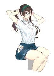 Rule 34 | 1girl, adjusting hair, alternate hairstyle, arms behind head, arms up, black hair, blush, breasts, closed mouth, commentary request, glasses, green eyes, hair between eyes, hair tie, hair tie in mouth, hairband, highres, hip vent, holding, kantai collection, long hair, mouth hold, ooyodo (kancolle), panties, pleated skirt, semi-rimless eyewear, shirt, short sleeves, side-tie panties, simple background, sitting, skirt, small breasts, solo, tying hair, under-rim eyewear, underwear, white background, white shirt, yuuji (and)