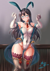 Rule 34 | 1girl, adapted costume, animal ears, armpits, black hair, blue eyes, boots, breasts, dated, detached collar, detached sleeves, fake animal ears, highleg, highres, kantai collection, kasugano tobari, lace, lace-trimmed legwear, lace trim, leotard, lips, long hair, looking at viewer, medium breasts, ooyodo (kancolle), playboy bunny, purple thighhighs, rabbit ears, red neckwear, showgirl skirt, signature, smile, solo, thighhighs, white leotard, wrist cuffs