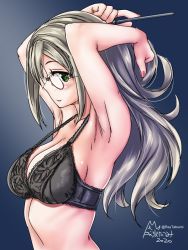 Rule 34 | armpits, black background, breasts, brown hair, cleavage, commentary request, from side, glasses, green eyes, kantai collection, katori (kancolle), large breasts, one-hour drawing challenge, signature, simple background, smile, solo, tatsumi ray, twitter username, tying hair, underwear, underwear only, upper body
