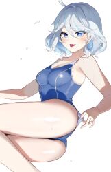Rule 34 | 1girl, ahoge, ass, ass focus, blue eyes, blue hair, blue one-piece swimsuit, breasts, cleavage, clothes pull, colored inner hair, competition swimsuit, feet out of frame, furina (genshin impact), genshin impact, hair between eyes, hair intakes, heterochromia, highres, knees together feet apart, looking at viewer, lying, medium breasts, multicolored hair, on side, one-piece swimsuit, one-piece swimsuit pull, open mouth, short hair, simple background, smile, solo, swimsuit, teeth, thighs, tongue, tongue out, upper teeth only, water drop, wet, wet hair, white background, white hair, yururu6930