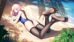 Rule 34 | 1girl, ass, beach, blush, feet, green eyes, highres, long hair, looking at viewer, lying, on stomach, one-piece swimsuit, pink hair, see-through, see-through legwear, soles, swimsuit, thighhighs, toes