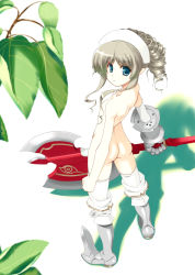 Rule 34 | 00s, 1girl, ass, axe, back, blue eyes, boots, brown hair, drill hair, flat chest, futari no ana, gauntlets, hairband, iron princess ymir, looking back, nude, pointy ears, queen&#039;s blade, shadow, solo, thighhighs, warrior, weapon, ymir (queen&#039;s blade), ymir (queen's blade)