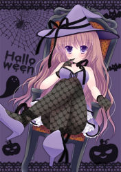 Rule 34 | 1girl, ankle ribbon, armchair, bad id, bad pixiv id, bat (animal), breasts, brown hair, bug, chair, choker, cleavage, crossed legs, dress, eyebrows, finger to mouth, fishnet gloves, fishnet pantyhose, fishnets, frilled dress, frills, ghost, gloves, halloween, hat, hat ribbon, high heels, jack-o&#039;-lantern, leg ribbon, long hair, looking at viewer, mana (10221125), medium breasts, original, pantyhose, polka dot, purple background, purple dress, purple eyes, ribbon, shoes, silk, sitting, smile, solo, spider, spider web, unmoving pattern, very long hair, witch, witch hat