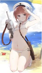 Rule 34 | 10s, 1girl, anchor, animal, arm up, armpits, bag, bare arms, bare shoulders, beach, beret, between breasts, bikini, blue sky, blunt bangs, bow, breasts, collarbone, crab, day, eyebrows, gluteal fold, gun, hat, hat bow, highres, holding, holding gun, holding weapon, horizon, kantai collection, kneeling, looking at viewer, navel, outdoors, sailor bikini, sailor collar, sailor hat, salute, sand, sandals, shore, sino (sionori), sky, small breasts, smiley face, stomach, strap between breasts, striped, striped bow, summer, sweatdrop, swimsuit, thigh gap, trigger discipline, weapon, white bikini, white hat, z3 max schultz (kancolle)