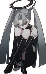 Rule 34 | 1girl, absurdres, arm tattoo, black footwear, black skirt, boots, chain, closed mouth, crop top, detached sleeves, full burrrrrrst, grey eyes, grey hair, halo, hatsune miku, highres, hugging own legs, knee boots, long hair, looking at viewer, pleated skirt, simple background, sitting, skirt, sleeveless, solo, tattoo, twintails, very long hair, vocaloid, white background