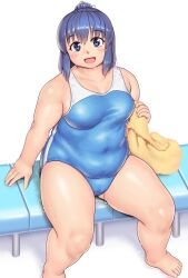 Rule 34 | 1girl, arm support, blue eyes, blue hair, blush, breasts, cameltoe, cleft of venus, collarbone, commentary request, covered navel, fat, fat step-sister (orizen), foot out of frame, hair between eyes, head tilt, highres, holding, holding towel, looking at viewer, medium breasts, medium hair, one-piece swimsuit, open mouth, original, orizen, ponytail, shadow, sitting, smile, solo, spread legs, swimsuit, tareme, thick arms, thick thighs, thighs, towel, wet, white background