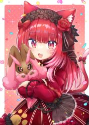 Rule 34 | 1girl, absurdres, animal ear fluff, animal ears, aruru gray, black hairband, black sclera, blush, bow, cat ears, cat girl, cat tail, colored sclera, commission, creatures (company), dress, fang, flower, game freak, gen 4 pokemon, hair bow, hair flower, hair ornament, hairband, highres, holding, holding pokemon, lolita hairband, long hair, lopunny, nintendo, open mouth, pink eyes, pokemon, pokemon (creature), production kawaii, red bow, red dress, red eyes, red flower, red hair, red rose, rose, second-party source, smile, suguharu86, tail, virtual youtuber