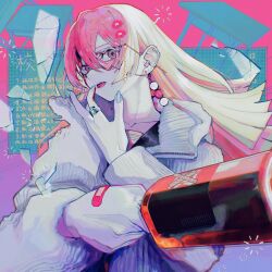 Rule 34 | 1girl, bandaid, bandaid on hand, blood, blue nails, bottle, ear piercing, earrings, fangs, fingernails, glasses, hair ornament, hairclip, hand up, heart, heart-shaped eyewear, highres, holding, holding bottle, jacket, jewelry, long hair, looking at viewer, mole, mole under mouth, nail polish, open mouth, original, pale skin, piercing, pink hair, red eyes, reverse grip, ring, ringed eyes, school uniform, serafuku, sion001250, solo, white jacket