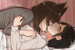 Rule 34 | 2girls, animal ears, asymmetrical docking, biting, black hair, blush, breast press, brown hair, cat ears, closed eyes, commentary request, fangs, from side, grey shirt, hand on another&#039;s chest, imminent bite, long hair, long sleeves, lying, multiple girls, neck biting, on back, on bed, original, profile, shiro namida, shirt, short hair, signature, suspenders, white shirt, yuri
