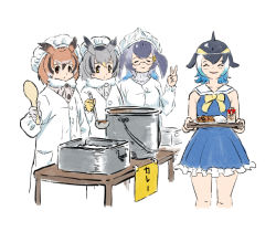Rule 34 | 4girls, ^ ^, alternate costume, bare shoulders, bird girl, bird wings, black hair, blonde hair, blowhole, blue dress, blue hair, blue whale (kemono friends), blush, bottle, bow, bowtie, brown eyes, brown hair, cetacean tail, chef, chef hat, closed eyes, commentary request, common dolphin (kemono friends), curry, curry rice, dolphin girl, dorsal fin, dress, eurasian eagle owl (kemono friends), fins, fish tail, food, frilled dress, frills, fur collar, grey hair, grey sweater, greyscale, hat, hatch (hatch box), head wings, kemono friends, ladle, long hair, milk bottle, monochrome, multicolored hair, multiple girls, northern white-faced owl (kemono friends), owl ears, rice, sailor dress, semi-rimless eyewear, short hair, sleeveless, spoon, stock pot, sweater, tail, translation request, turtleneck, turtleneck sweater, v, whale girl, white fur, wings, yellow bow, yellow bowtie, yellow eyes