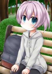 Rule 34 | 1girl, backpack, bag, bench, black pantyhose, blue eyes, casual, commentary request, day, hood, hooded jacket, jacket, kantai collection, long hair, looking at viewer, ouno (nounai disintegration), outdoors, pantyhose, park, park bench, pocket, ponytail, purple hair, shiranui (kancolle), short shorts, shorts, sitting, solo, tree, unworn backpack, unworn bag