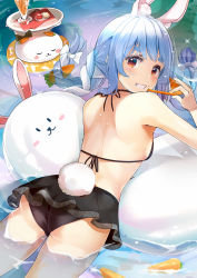 Rule 34 | 1girl, :3, :d, afloat, alternate costume, animal ear fluff, animal ears, ass, back, bare back, bare shoulders, bikini, bikini skirt, black skirt, blue hair, blush, blush stickers, bow, braid, carrot hair ornament, commentary request, cup, drinking glass, food, food-themed hair ornament, food on face, from behind, glint, grin, hair bow, hair ornament, halterneck, highres, holding, holding food, hololive, long hair, looking at viewer, looking back, lying, multicolored hair, nira (vira), on stomach, open mouth, pekomon (usada pekora), rabbit-shaped pupils, rabbit ears, rabbit girl, rabbit tail, red eyes, skirt, smile, solo, swimsuit, symbol-shaped pupils, tail, teeth, thick eyebrows, tray, twin braids, two-tone hair, usada pekora, very long hair, virtual youtuber, water, white bow, white hair