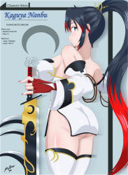 Rule 34 | 1girl, ass, bare shoulders, black hair, blue eyes, breasts, character name, commission, covered erect nipples, cowboy shot, crescent moon, detached sleeves, english text, fingerless gloves, from behind, gloves, hair ornament, high ponytail, highres, huge breasts, large breasts, looking at viewer, malkior--x, moon, multicolored hair, nanbu kaguya, no panties, red hair, sidelocks, signature, smile, solo, super robot wars, super robot wars og saga mugen no frontier, thighhighs, zankantou