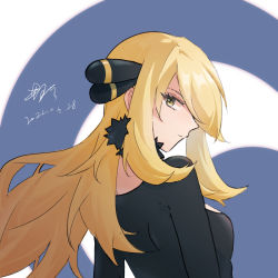 Rule 34 | 1girl, black shirt, blonde hair, breasts, closed mouth, commentary request, creatures (company), cynthia (pokemon), dated, eyelashes, fur collar, game freak, hair ornament, highres, kaniko (user tvzs5875), long hair, looking at viewer, looking back, nintendo, pokemon, pokemon dppt, shirt, signature, solo, upper body, yellow eyes