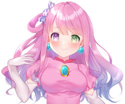 Rule 34 | 1girl, blue gemstone, blue hair, blush, breasts, candy hair ornament, closed mouth, colored eyelashes, commentary request, cosplay, dress, earrings, elbow gloves, food-themed hair ornament, gem, gloves, gradient hair, green eyes, hair ornament, hair rings, hand up, heterochromia, himemori luna, hololive, jewelry, looking at viewer, medium breasts, multicolored hair, naomi (fantasia), pink dress, princess peach, princess peach (cosplay), puffy short sleeves, puffy sleeves, purple eyes, short sleeves, simple background, smile, solo, swept bangs, upper body, virtual youtuber, white background, white gloves
