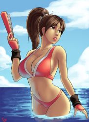Rule 34 | 1girl, adapted costume, artist request, bikini, breasts, brown eyes, brown hair, cleavage, female focus, hand fan, highres, holding, holding fan, large breasts, long hair, matching hair/eyes, midriff, navel, ocean, ponytail, red bikini, red lips, shiranui mai, signature, solo, standing in water, stomach, swimsuit, water, wet