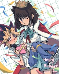 Rule 34 | 1boy, 1girl, black footwear, black hair, blonde hair, blue eyes, blush, brown hair, cape, carrying, choker, confetti, crown, denim, dress shirt, embarrassed, facing to the side, facing viewer, green skirt, happy birthday, heart, highres, holding, holding heart, jeans, mazaki anzu, mini crown, multicolored hair, muto yugi, one eye closed, pants, princess carry, red cape, red eyes, ribbon, shirt, short hair, skirt, spot dian, sweatdrop, white background, white shirt, yu-gi-oh!, yu-gi-oh! duel monsters