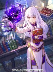 Rule 34 | 1girl, book, closed mouth, company name, copyright name, dress, fire emblem, fire emblem: three houses, fire emblem cipher, fuzichoco, gloves, hair between eyes, holding, holding book, long hair, long sleeves, lysithea von ordelia, magic, nintendo, official art, pink eyes, purple gloves, smile, solo, thighhighs, white hair