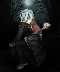 Rule 34 | 1boy, black coat, black pants, blue eyes, closed mouth, coat, commentary request, crescent moon, cross, cross necklace, expressionless, fake horns, forest, full body, grey footwear, hair between eyes, hair over one eye, holding, holding staff, horns, jewelry, long sleeves, looking at viewer, male focus, moon, multicolored coat, nature, necklace, night, open clothes, open coat, pants, priest (ragnarok online), ragnarok online, red coat, shoes, short hair, solo, staff, two-tone coat, white hair, yutsuki