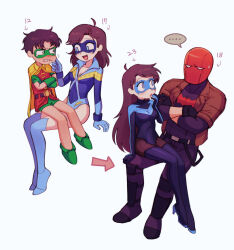 Rule 34 | ..., 1boy, 1girl, :d, age progression, ahoge, arrow (symbol), batman (series), batrobin k, black footwear, blue eyes, blue leotard, blush, boots, breasts, brown hair, character age, cheek pinching, cleavage, crossed arms, dc comics, dick grayson, genderswap, genderswap (mtf), gloves, green gloves, hand on another&#039;s cheek, hand on another&#039;s face, hand up, happy, high heel boots, high heels, highres, jason todd, leotard, long hair, looking at another, medium breasts, medium hair, motion lines, multiple views, nightwing, open mouth, parted lips, pinching, progression, red hood (dc), robin (dc), short hair, simple background, sitting, sitting on lap, sitting on person, smile, speech bubble, spoken ellipsis, superhero costume, teen titans, thigh boots