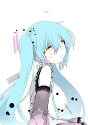 Rule 34 | 1girl, aqua hair, aqua necktie, bare shoulders, commentary request, detached sleeves, expressionless, grey shirt, hatsune miku, long hair, looking at viewer, necktie, no pupils, nomura kitan, shirt, simple background, sleeveless, sleeveless shirt, solo, twintails, upper body, vocaloid, white background, yellow eyes