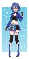 Rule 34 | 1girl, 4luxury (idolmaster), absurdres, antenna hair, belt, black choker, black gloves, blue hair, blue jacket, blush, boots, breasts, brown eyes, checkered background, checkered clothes, checkered skirt, choker, cleavage, collarbone, crop top, cropped jacket, dot nose, full body, gloves, grid background, hand up, highres, idolmaster, idolmaster million live!, idolmaster million live! theater days, jacket, large breasts, long sleeves, looking at viewer, midriff, navel, open clothes, open jacket, open mouth, outside border, pigeon-toed, pleated skirt, saka nanato, short hair, skirt, smile, solo, standing, star (symbol), starry background, thigh belt, thigh boots, thigh strap, toyokawa fuka, two-tone background, two-tone footwear, two-tone skirt, wavy hair, white belt, zipper, zipper pull tab