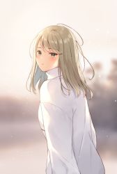 Rule 34 | 1girl, blurry, blurry background, blush, brown eyes, brown hair, commentary request, depth of field, long hair, looking at viewer, looking to the side, noda shuha, original, parted lips, shirt, solo, turtleneck, upper body, white shirt