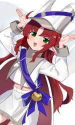 Rule 34 | 1girl, arknights, dutch angle, earrings, green eyes, hands up, highres, jewelry, long hair, long sleeves, looking at viewer, midriff, mole, mole under eye, myrtle (arknights), pointy ears, red hair, shenqi xiaohuang, shirt, solo, very long hair, white shirt