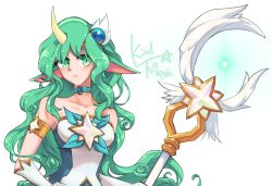 Rule 34 | 1girl, alternate costume, alternate eye color, alternate hair color, bare shoulders, choker, elbow gloves, english text, gloves, gold trim, green eyes, green hair, hair ornament, hand on own hip, highres, horns, league of legends, long hair, magical girl, pointy ears, simple background, single horn, skirt, solo, soraka (league of legends), staff, star guardian (league of legends), star guardian soraka, very long hair, white background, white gloves, white wings, wings