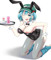 Rule 34 | 1girl, absurdres, animal ears, artificial vagina, between breasts, black bow, black leotard, blue footwear, blue hair, boots, bow, bowtie, breasts, cleavage, commentary request, detached collar, fake animal ears, fake tail, fishnet pantyhose, fishnets, flat cap, full body, green eyes, green hat, hair bobbles, hair ornament, hat, heart, heart in mouth, highres, holding, holding tray, kagiyama shachou, kawashiro nitori, key, kneeling, leaning forward, leotard, looking at viewer, medium breasts, nipple slip, nipples, one eye closed, open mouth, pantyhose, playboy bunny, rabbit ears, rabbit tail, rubber boots, sex toy, short hair, short twintails, simple background, solo, strapless, strapless leotard, tail, teeth, tongue, touhou, tray, twintails, two side up, white background, wing collar, wrist cuffs