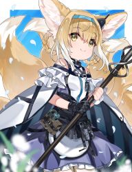 Rule 34 | 1girl, animal ears, arknights, arm cuffs, bag, black choker, black gloves, black vest, blonde hair, breasts, choker, cloak, cowboy shot, dress, earpiece, fox ears, fox girl, fox tail, gloves, hair between eyes, hair rings, hairband, highres, holding, holding staff, id card, infection monitor (arknights), material growth, medium hair, multicolored hair, multiple tails, muraki (owantogohan), off shoulder, open mouth, oripathy lesion (arknights), petals, satchel, single glove, small breasts, smile, solo, staff, strap, suzuran (arknights), tactical clothes, tail, two-tone hair, vest, white cloak, white dress, white hair, wrist cuffs, yellow eyes