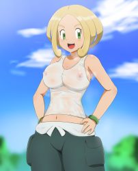 Rule 34 | 1girl, :d, armpit peek, bare shoulders, blonde hair, blue sky, breasts, breath, cargo pants, cleavage, cloud, collarbone, covered erect nipples, cowboy shot, creatures (company), eyelashes, forehead, game freak, green eyes, green pants, green wristband, gym leader, hands on own hips, highres, large breasts, navel, nintendo, nipples, no bra, open mouth, outdoors, pants, pocket, pokemon, pokemon xy, robert m, see-through, short hair, sideboob, sky, sleeveless, smile, solo, sweat, tank top, taut clothes, teeth, thick eyebrows, tree, upper teeth only, viola (pokemon), wet, wet clothes, white tank top, wristband